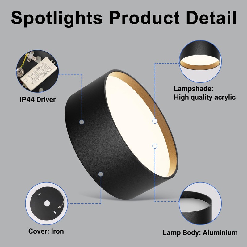 Klighten LED 24 W surface-mounted spotlight, round ceiling spotlights, surface-mounted
