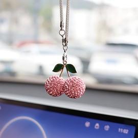 UHANBUT Bling Cherry Car Rear View Mirror Charm, Sparkly Rhinestones Automotive Decoration Pendant, Cute Vehicle Interior Hanging Ornament, Lucky Present for Women, Girl (Pink)