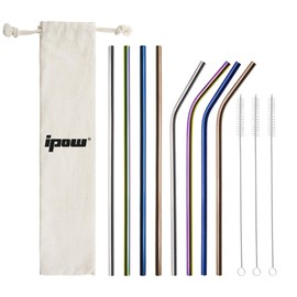 IPOW Stainless Steel Straws, Reusable Straws, Eco Straws, Muddler, Stainless Steel, Colorful, Stylish, Cleaning Brush Included + Storage Bag Included