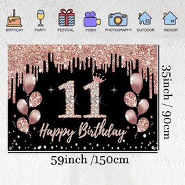 11th Birthday Decorations for Girls, Party Decoration Black and Rose Gold, 11th Birthday Fabric Sign Hanging Poster, 11th Birthday Backdrop Banner Party Welcome Sign