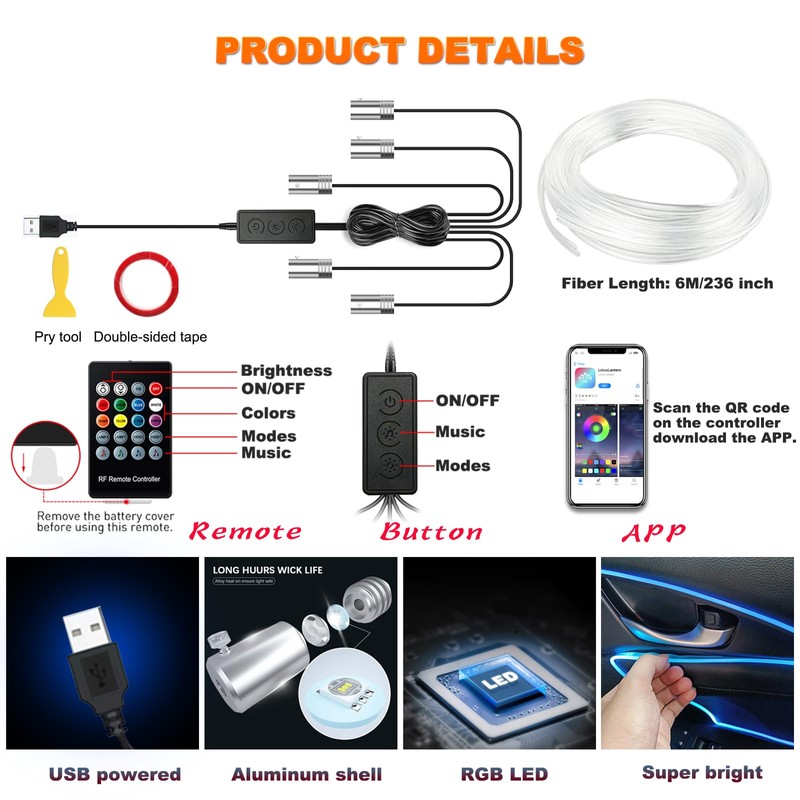 Jushope Car LED Lights, Interior Car Lights with Wireless APP/RF