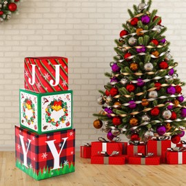 Namalu 3 Pcs Christmas Stackable Box Joy Christmas Nesting Box Decoration, Cardboard Joy Christmas Stackable Gift Box for Xmas Tree Present Christmas Holiday Decor Wrapping Party Favor
