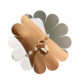 Aneneiceera Boho Pearl Bracelet Gold Butterfly Bracelet Vintage T Bar Toggle Bracelet Personalize Hand Chain Bracelet Jewelry for Women and Girls