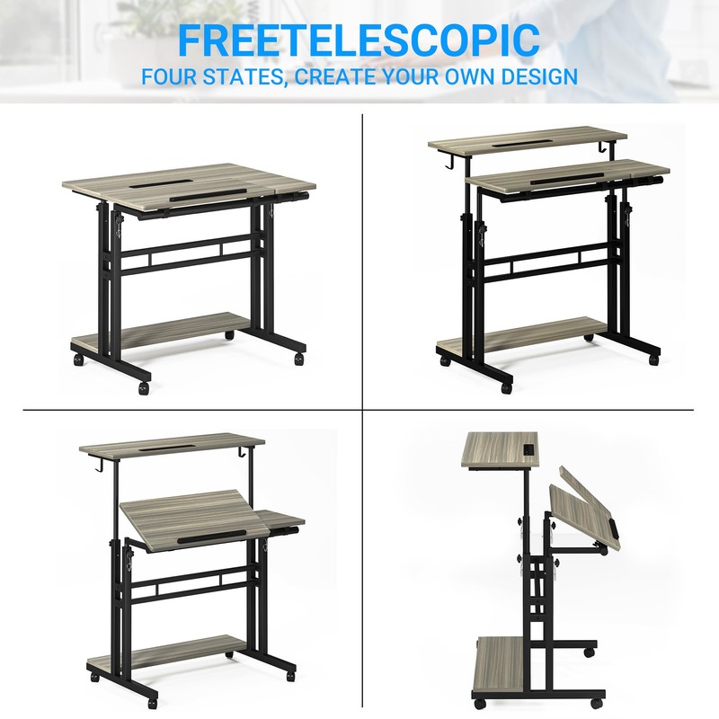 Panta Mobile Standing Desk, Adjustable Rolling Computer Desk with 3