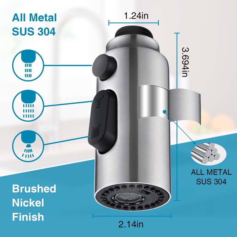 Metal Kitchen Faucet Head Replacement, 3-Function Pull Down Spray Head