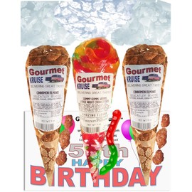 50th Happy Birthday Series Almonds Cinnamon Roasted And Large Worms Gummy Gummi (NET WT 21 OZ) (Pack of 3) In 1 Box Gourmet Kruise Signature Gift Bags