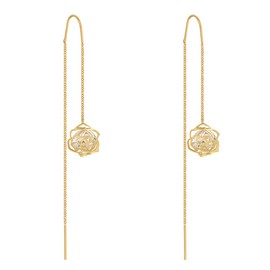 14K Gold Rose Flower Dangle Earring For Women Tassel Threading Long Chain Earrings For Women Drop Earrings For Bridesmaid