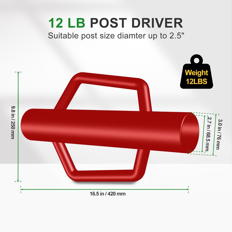 FOREHOGAR Fence Post Driver with Handle,12LB Hand Post Pounder,2.7 inches