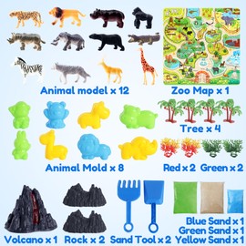 Billeeit Animal Sensory Bin Sand Toy, Play Sand Kit w/lid and 2.2lbs Moldable Sensory Sand, Molds, Tools, Map Set 35pcs Total, Fun Gift for Kids 3+