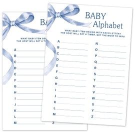 TRKAE Baby Alphabet Baby Shower Game Set, 30 Blue Bow Baby Shower Game Cards, Game Cards for Baby Announcement Gender Reveal, Baby Shower Party & Activities Supplies -B14