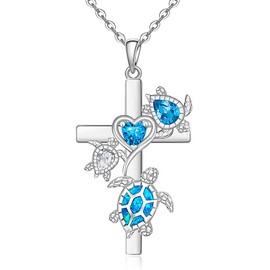 Turtle Necklace for Women Sterling Silver Blue Opal Sea Turtle Necklace Cross Turtles Mother Daughter Pendant Jewelry Charm Mothers Valentines Gifts