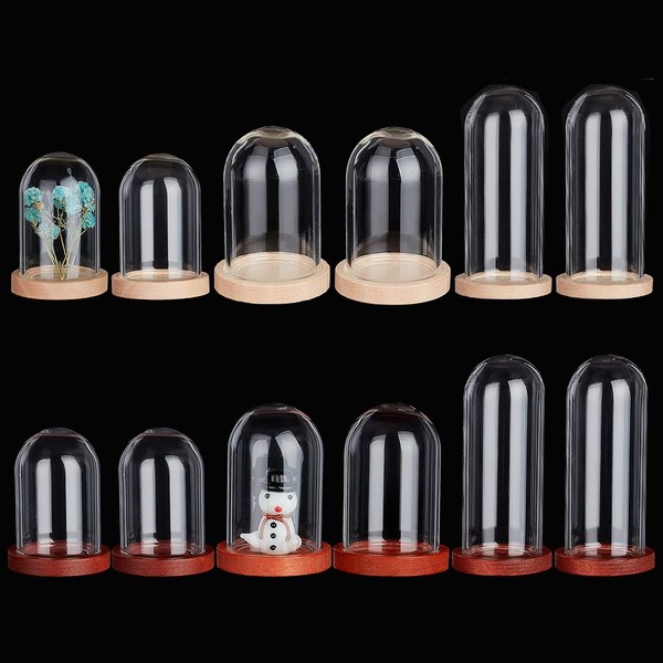 PH PandaHall 12Sets Glass Display Cloche Dome 3 Size Mini Cloche Bell Jar with Wood Base Glass Bottles Dome Decorative Jars Display Case for Flower Teeth Storage Home Christmas Party Favor Decoration