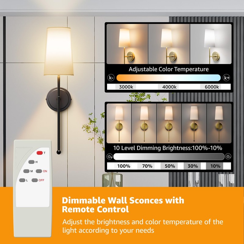 Aipsun 2 Packs Black Battery Operated Wall Sconce, Modern Rechargeable