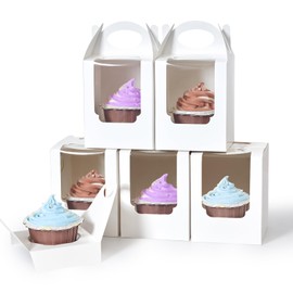 Shallive Cupcake Boxes 25pcs, Individual Cupcake Carrier White with Window Insert and Handle Pastry Containers Single Muffins Container for Bakery Wrapping Party Favor Packing