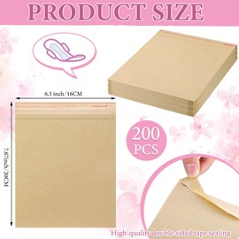 Dunzoom 200 Pcs Large Sanitary Napkin Disposal Bags Feminine Hygiene Disposal Bags 7.87 x 6.3 Inch Bulk Disposable Kraft Tampons Bags for Feminine Products with Self Adhesive for Women Girls