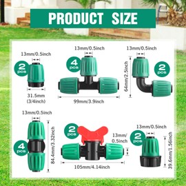 Pushglossy 32 Pcs 1/2" Tubing Irrigation Fittings Kit 1/2" ID x 0.6-0.63" OD 16 mm Drip Irrigation Barbed Connectors 4 Switch Valves, 8 Tees, 8 Couplings, 4 Elbows, 4 Ends, 4 Adapters (Green)