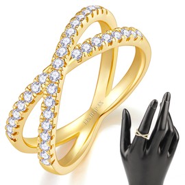 MINDDHA Criss Cross 14K Gold Plated Ring for Women - Designer Unique Fashion Ring, Gold Crystal Ring, Zirconia Simulated Diamond Trendy Jewelry, Elegant, Cool, Stylish Gift - 2mm band, Size 10