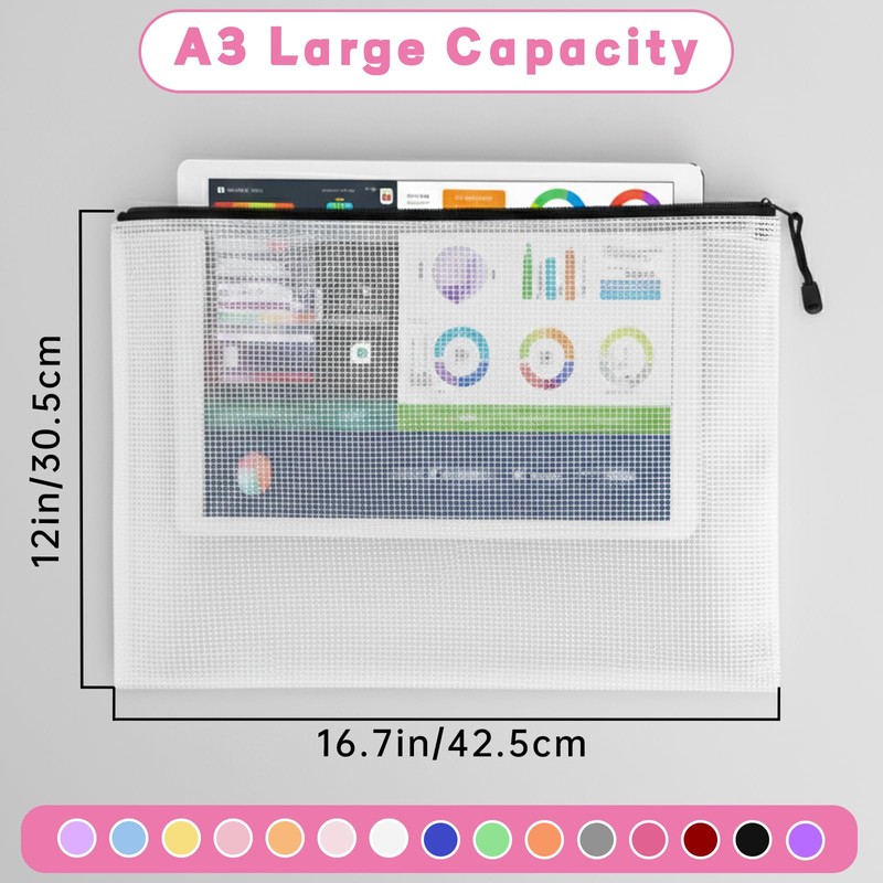 15 Pack Large Mesh Zipper Pouch Bags, 15 Colors A3