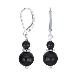 Gemstone Natural Black Onyx Boho Bali Milgrain Edged Beaded Rondel Separator Double Ball Round Drop Dangle Earrings For Women Teen .925 Sterling Silver Lever back