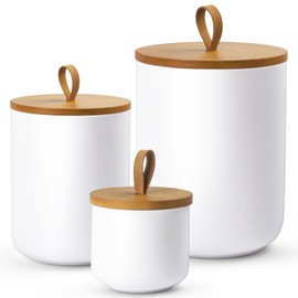 Ceramic Canisters Sets for Kitchen, Airtight Canister with Bamboo Lid, Ceramic Coffee Canister Kitchen Canisters for Countertop, Flour and Sugar Containers for Food Storage Jars, White, Set of 3
