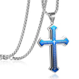 Rehoboth Men's Stainless Steel Nail Lord's Prayer Cross Pendant Necklace for Men Big Pendant and Strong Chain 24 Inch Blue