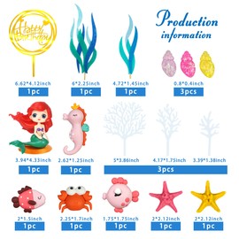17 piezas de decoración para tartas de sirena con diseño de animales del océano bajo el mar con modelo Ariel para sirena bajo el mar, suministros de fiesta de cumpleaños (estilo 1)