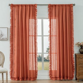 Rust Orange Linen Curtains 84 Inches Long 2 Panels Autumn Fall Farmhouse Scalloped Curtains for Bedroom Living Room, Rod Pocket Privacy Cottage Ruffled Curtain Semi-Sheer Window Drapes, W58 x L84 Inch