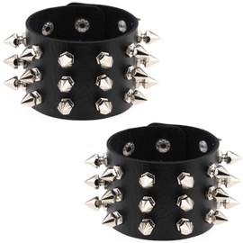 FM FM42 Black PU Simulated Leather Silvert-tone Spikes Rivets Adjustable Buckle Bracelet, Pack of 2 PCs