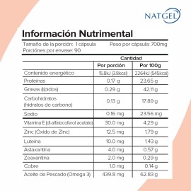 Luteína, Zeaxantina y Astaxantina con Vitamina E, Zinc, Cobre y Omega 3 90 Cápsulas Fórmula Nutricional para Vista y Bienestar Diario Natgel