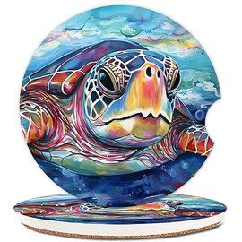 Ceramic Cup Holders Car Coasters for Women/Men,Cute Absorbent Drink Cup Car Holder Coasters with A Finger Notch 2.56" Pack of 2,Colorful Sea Turtle
