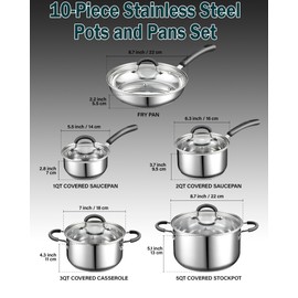 Cook N Home Stainless Steel Cookware Sets 10-Piece, Pots and Pans Kitchen Cooking Set with Stay-Cool Handles, Dishwasher Safe, Silver