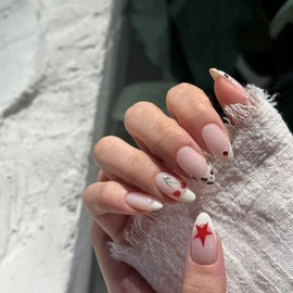 Handmade White French Tip Press on Nails Almond Summer Cherry Fake Nails Medium Length Glue on Nails Glossy Almond Nails Exquisite Design Stick on Nails for Women Girls Nail Art (MT-110, S)