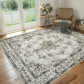 8x10 Area Rugs for Living Room: Washable Rug Vintage Large Soft Boho Floral Non-Slip Carpet Indoor Floor Stain Resistant Thin Carpets for Bedroom Dining Room Farmhouse Nursery Home Office - Black