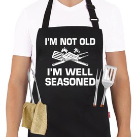 ALIPOBO Funny Grilling Aprons for Men - BBQ Cooking Apron with 2 Pockets, Adjustable Neck Strap and 40" Long Ties - I'm Not Old I'm Well Seasoned