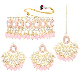 Aheli Traditional Gold Plated Kundan Choker Necklace Chandbali Earring & Maang Tikka Ethnic Jewellery Set Gift for Women