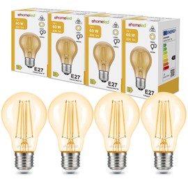 ehomeled E27 LED Bulb A60 Edison Vintage Golden Glass Filament 2300K Warm White 806 Lumens 7W Equivalent 60W Incandescent Energy Saving Classic LED Bulb Pack of 4