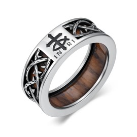 Lypic Jesus Crown of Thorns Ring 925 Sterling Silver Wood Ring Christian Cross Band Rings Wooden Jewelry Gifts for Men Women Size 11