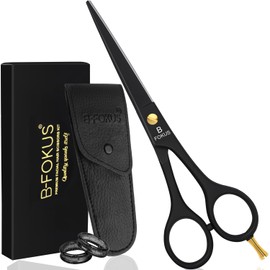 B-FOKUS 6.5” Professional Hair Cutting Scissors, Stainless Steel Hair Scissors, Sharp Edge Hair Shears with Travel Pouch, Barber Shears for All Hair Types, Hair Cutting Kit (Black)