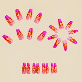 Medium Press on Nails Square Pink French Tip Fake Nails with Red Flame Design Medium Ballet Glue on Nails Full Cover Acrylic Nails Summer False Nails Glossy Stick on Nails for Women24Pcs