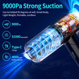 Haleysoki,9000Pa Handheld Car Vacuum Cleaner and Air Duster, Mini Vacuum Cleaner, Portable 90°Foldable Little Vacuum & Air Blower & Pump, USB-C Charging for Car, Home, Office, Pet,Outdoor