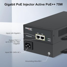 PROCET PoE Iniector 75W Active PoE++ Gigabit with 6KV Surge Protection, -40°F to 149°F for PTZ AI Camera, Sisco Wireless Access Point, Small Cell, Smart Factory, Commercial Display TV