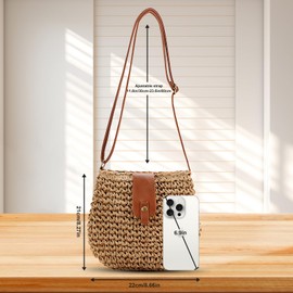 Bototack Straw Beach Bag for Women, Small Summer Crossbody Bag with Zipper, Bohemian Weave Handmade Shoulder Handbags for Beach Vocation Holiday (Khaki)