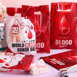 Kolldenn 50 Pcs World Blood Donor Day Gift Bags Bulk Red Blood Drop Stethoscope Plastic Goodie Bags with Handles Celebration Donation Gifts Charity Party Supplies for Women Men