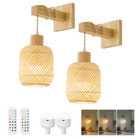Weaboopre Boho Battery Operated Wall Sconce with Remote, Bamboo Lantern Wall Sconces Set of Two, 15 Colors Dimmable Rechargeable Wireless Wall Lights for Bedroom, Living Room Wall Decor