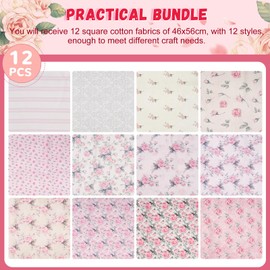 Wadukud 12PCS 56x46cm Polyester Fabric Bundles, Floral Pre-Cut Quilting Cotton Fabrics Squares Sheets for DIY Patchwork Sewing Quilting Crafting (Pink)