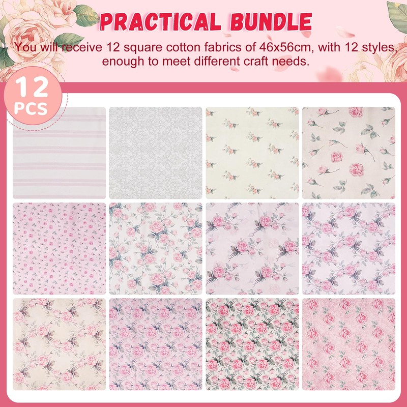 Wadukud 12PCS 56x46cm Polyester Fabric Bundles, Floral Pre-Cut Quilting Cotton