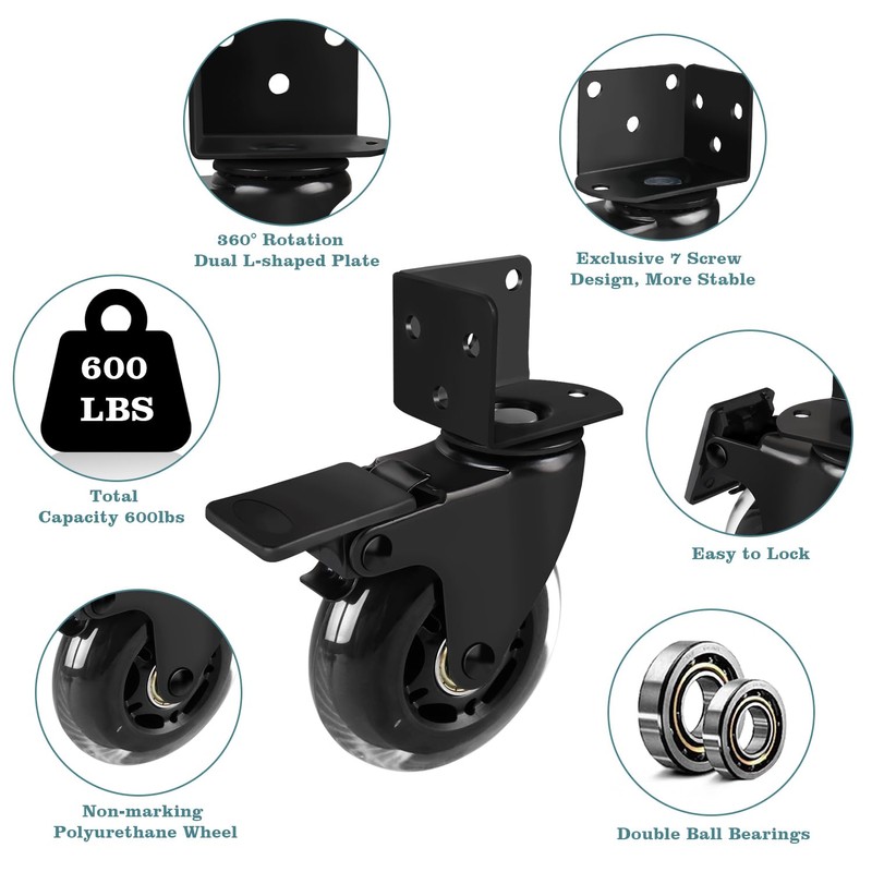 3" Side Mount Caster Wheels, Hirate Heavy Duty L- Shaped