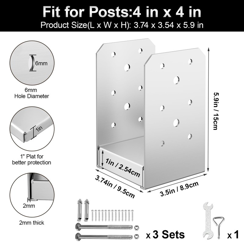 FMhotu 4"x 4" Post Base, 3Pcs Stainless Steel Adjustable Post