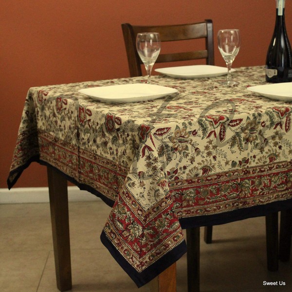 India Arts Handmade Jaipur Floral Print 100% Cotton Tablecloth Earthen 60x60 Square