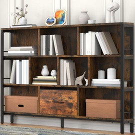 Winkalon Bookshelf, 10 Cube Bookshelf with Canvas Drawer, 3 Tier Wide Bookcase with Adjustable Legs, Metal Bookshelf with Open Stoage for Bedroom, Living Room, Office